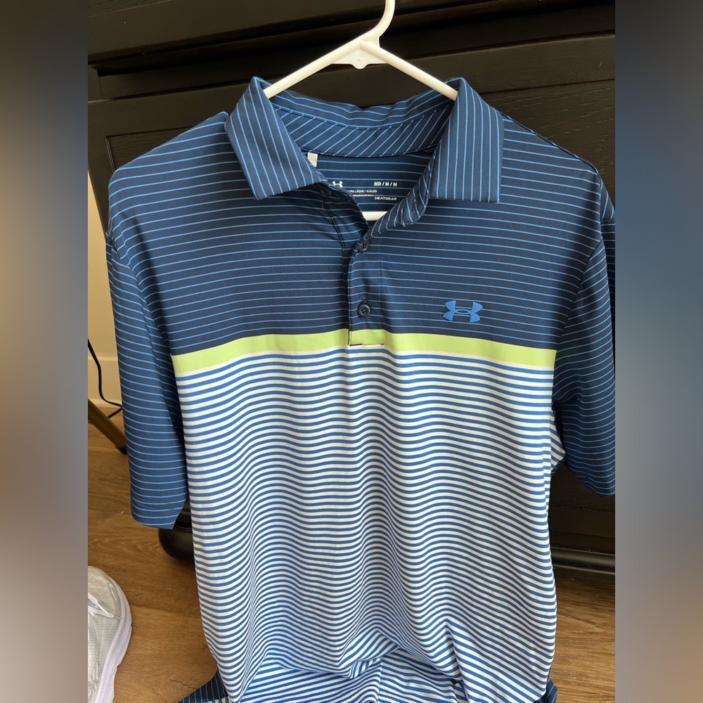 Under Armour Men's Polo Shirt - Blue, White, and Green Stripes. Worn once!